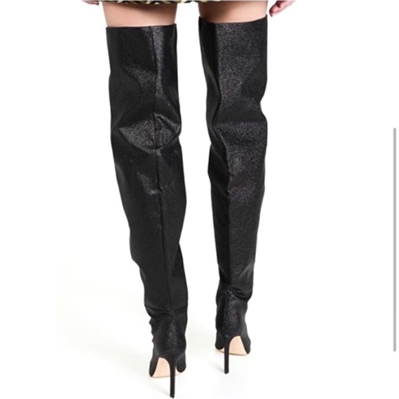 Good American Super High Above Knee Thigh High Heeled Boots in Black Glitter 6.5